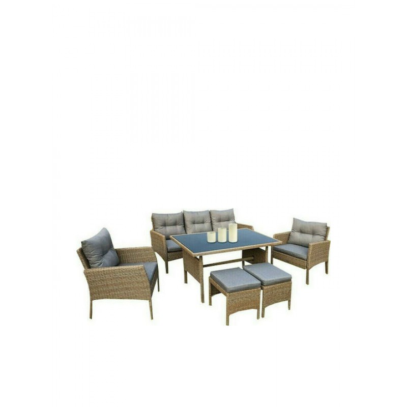 CALIFORNIA Σαλόνι - Τραπεζαρία Τραπέζι+3Θέσιος+2 Πολυθρόνες+ 2 Σκαμπό Μέταλλο-Wicker Φυσικό Κωδικός: [Ε-00021770] Ε6755,1